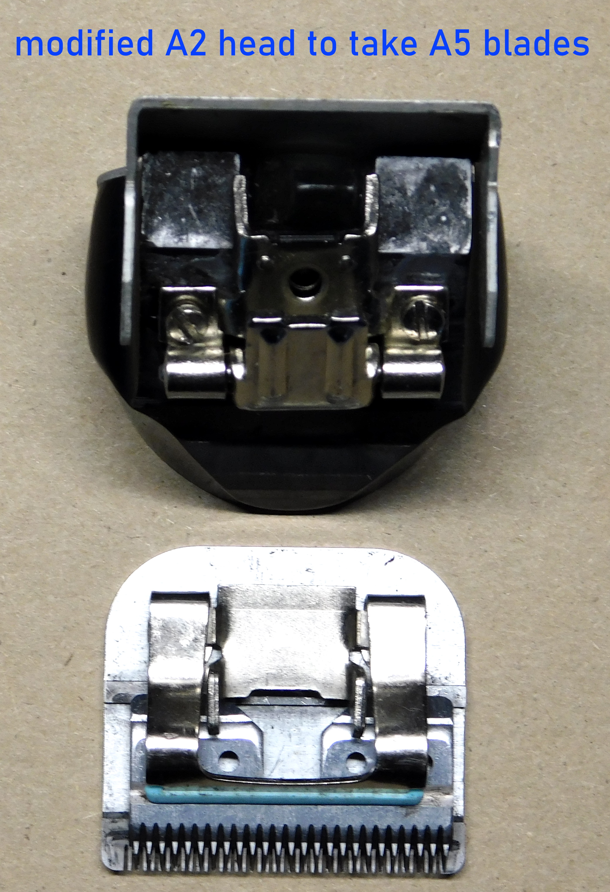 Picture showing a A2 clipper head modified to take A5 type blades